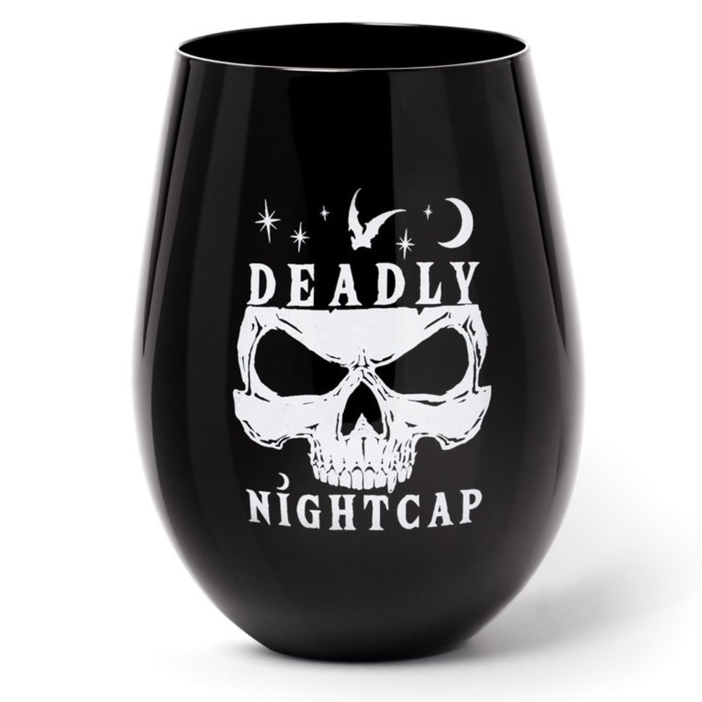 Alchemy Gothic Deadly Nightcap Punk Skull Black Glass Stemless Wineglass NIB